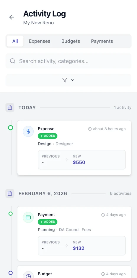 Activity log on mobile listing dated expense, payment and budget changes with the previous and new value for each, plus search and filter controls