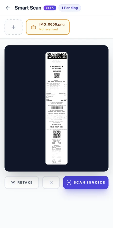 Smart Scan on mobile with a photographed hardware store receipt queued and a Scan Invoice button
