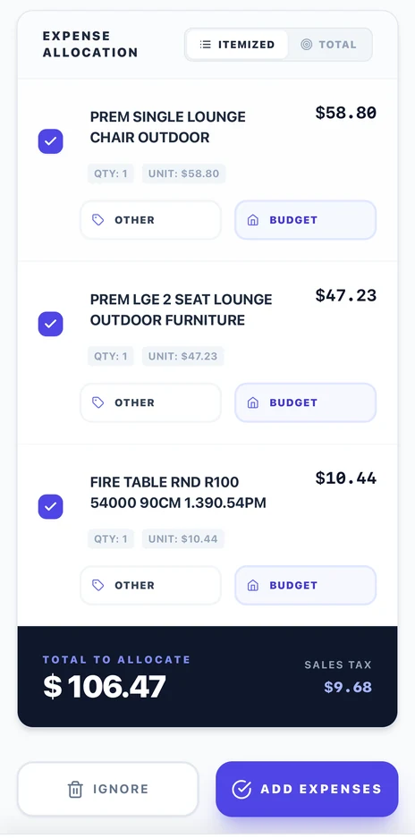 Smart Scan expense allocation on mobile listing each scanned line item with quantity, unit price and category, and a $106.47 total to allocate