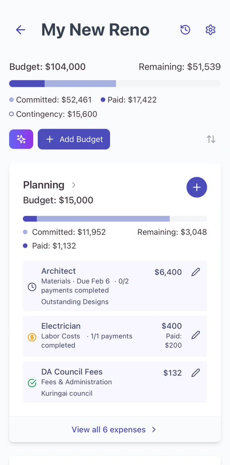 Budget My Reno project screen on mobile showing a $104,000 renovation budget with committed, paid and contingency totals, and the plus Add Budget button