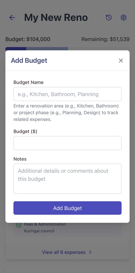 Add Budget dialog on mobile with fields for the budget name, the budget amount in dollars, and notes
