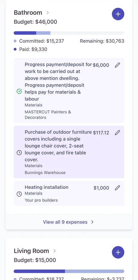 Renovation expense list on mobile grouped by budget, showing Bathroom expenses with committed, paid and remaining totals
