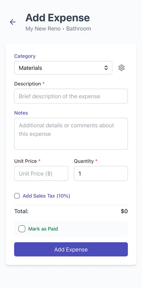 Add Expense form on mobile with category, description, notes, unit price, quantity, sales tax and mark as paid fields