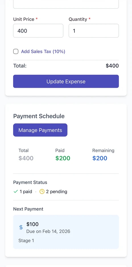 Expense detail on mobile with a payment schedule showing $400 total, $200 paid, $200 remaining, and the next payment due 14 February