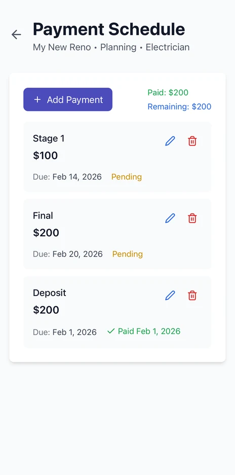 Payment schedule on mobile listing deposit, stage and final payments with their due dates and paid or pending status