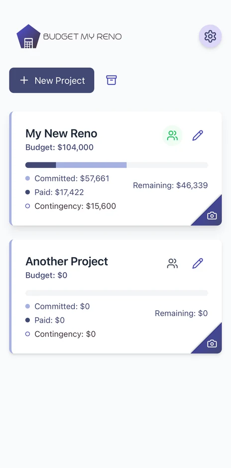 Budget My Reno projects list on mobile, with the project members icon on each project card
