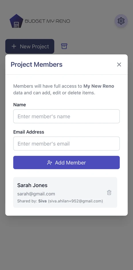 Project Members dialog on mobile with name and email fields for inviting someone, and an existing member already shared on the project