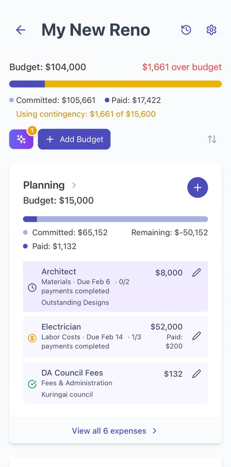 Budget snapshot on mobile showing a renovation $1,661 over budget and drawing on the contingency
