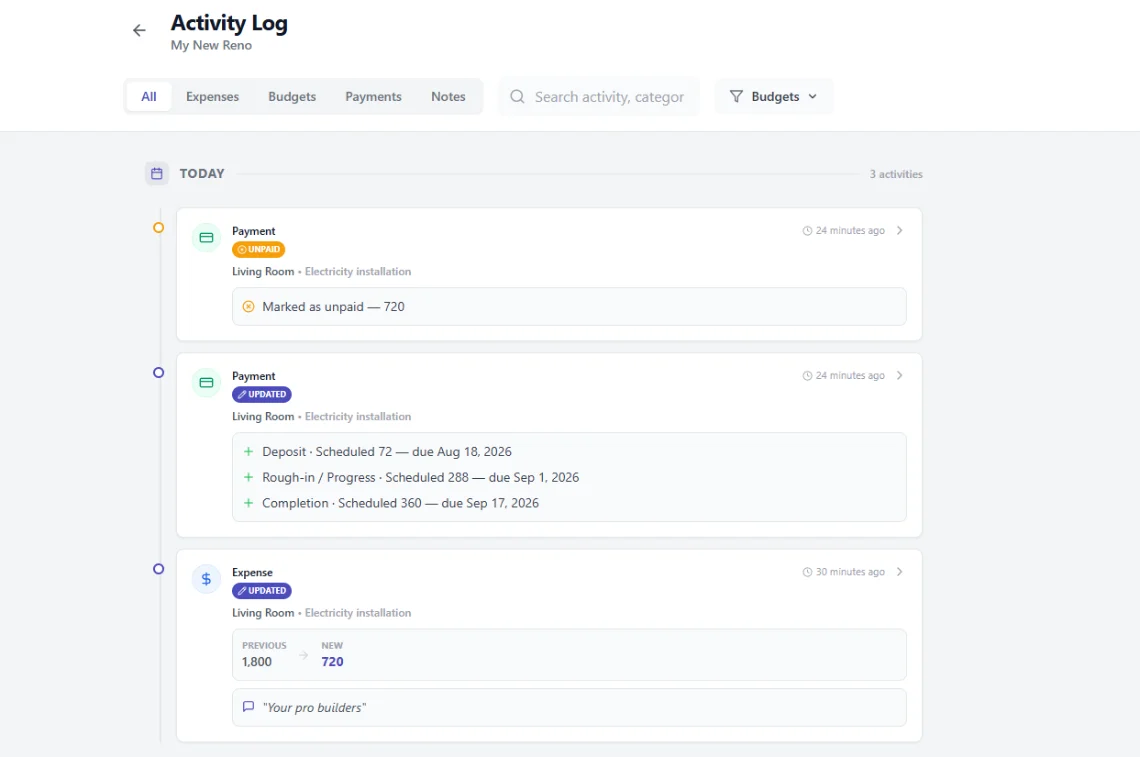 Activity log on desktop, listing every change made to the renovation budget with author and timestamp