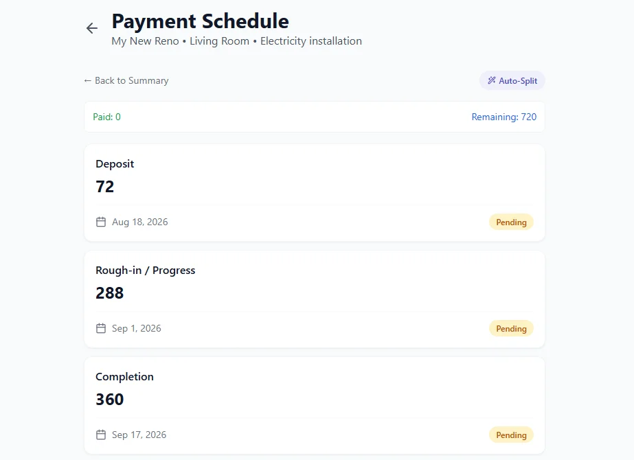 Payment schedules on desktop, showing upcoming contractor payments and their due dates