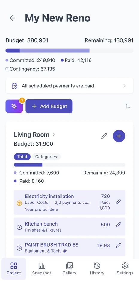Budget My Reno mobile dashboard showing budget at a glance