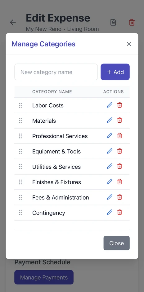 Mobile expense list with each cost grouped by category