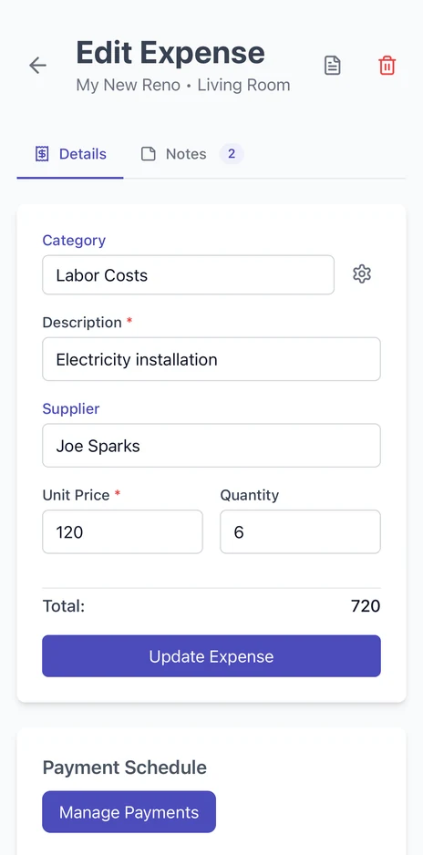 Adding a new renovation expense on mobile