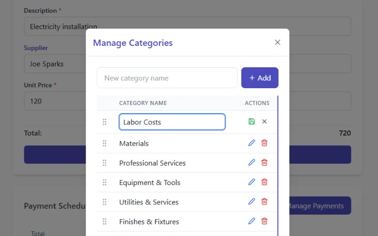 Custom renovation budget categories on desktop