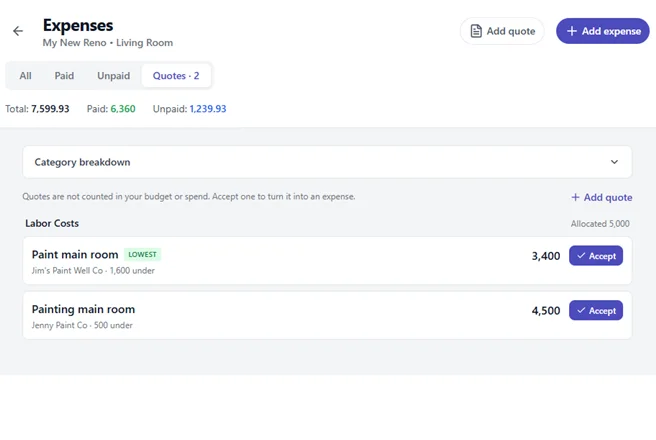Quotes and invoices attached to an expense on desktop