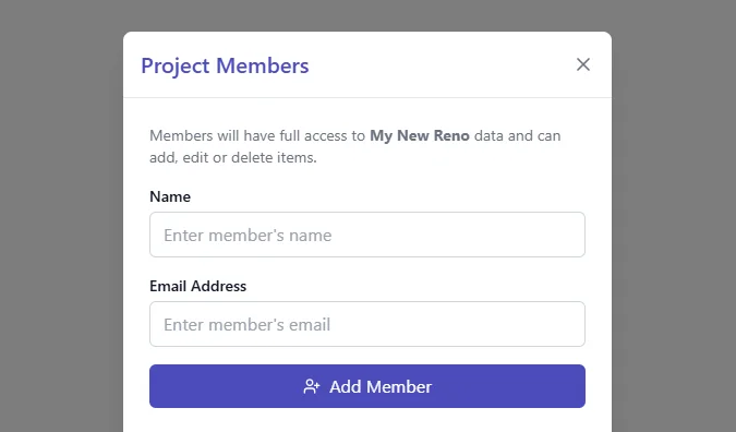 Private project sharing settings on desktop