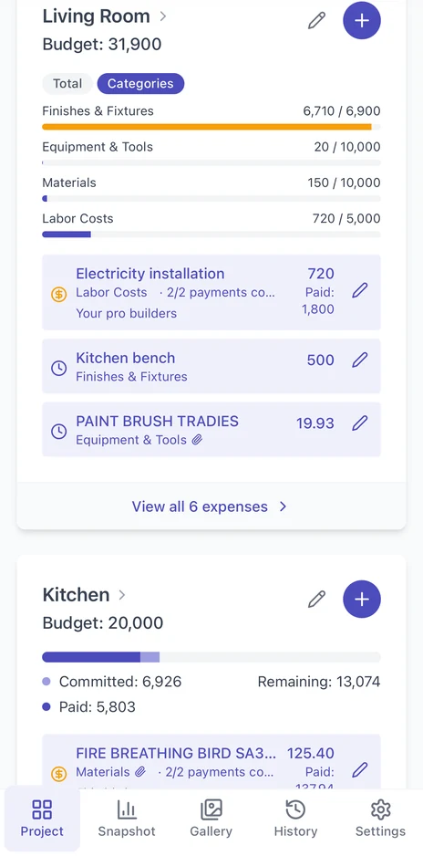 Mobile category breakdown of renovation spending