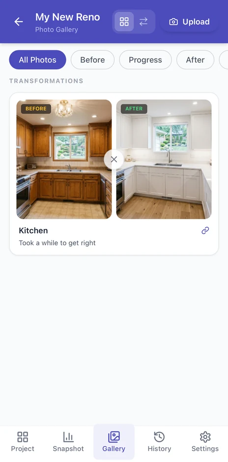 Progress photos and project journal on mobile