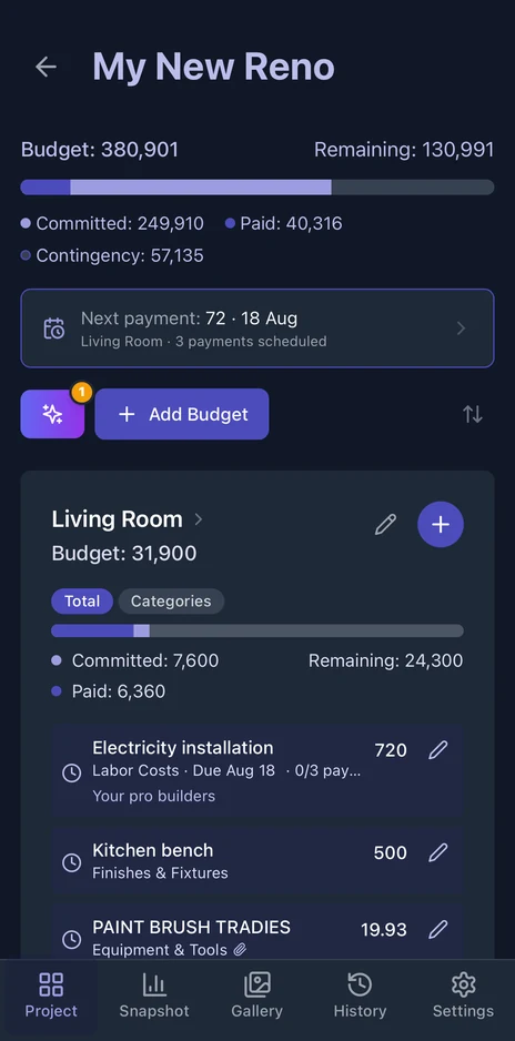 Budget My Reno in dark mode on mobile